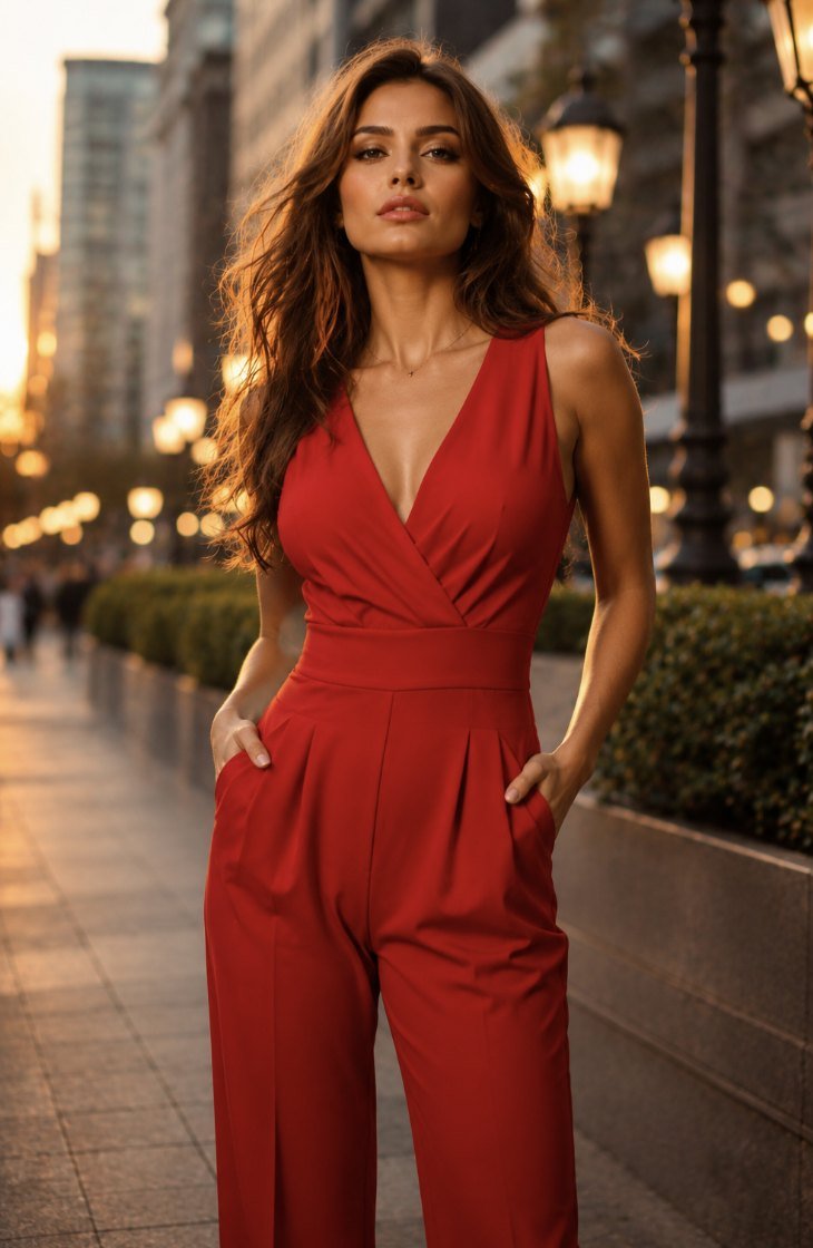 Wide-leg red ladies jumpsuit with surplice V neckline and waistband, styled for city wear