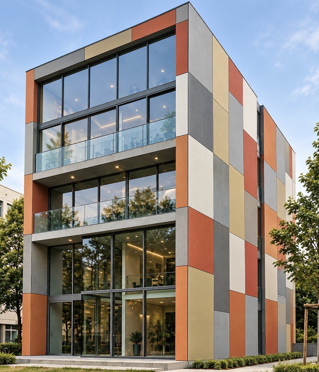 Office elevation clad in non-asbestos fibre cement board panels from India