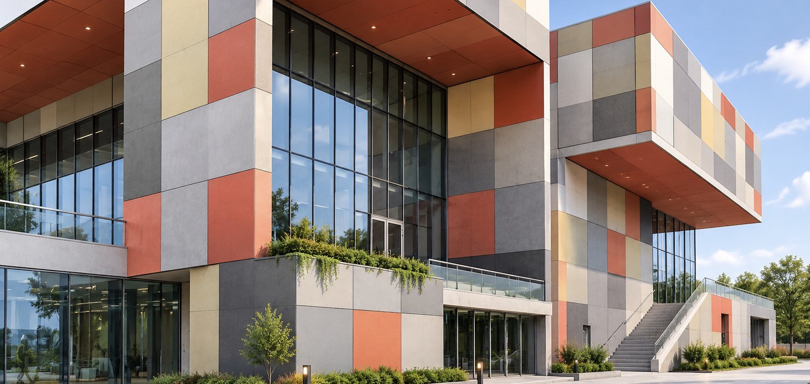 Ventilated rainscreen facade clad in fibre cement board from India in mixed grey, terracotta and sand finishes