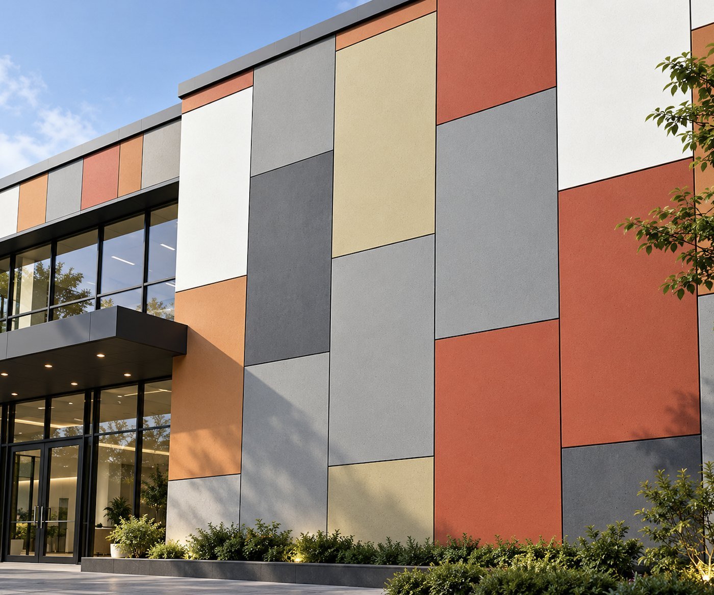 Close-up of a fibre cement rainscreen facade in grey, terracotta and off-white panels