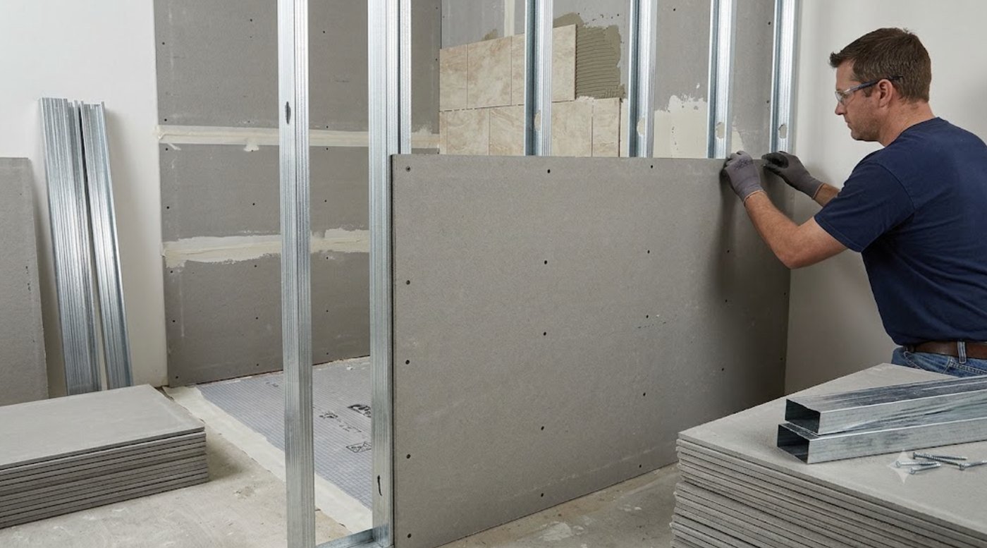 Installer fixing a fibre cement tile backer board to steel studs