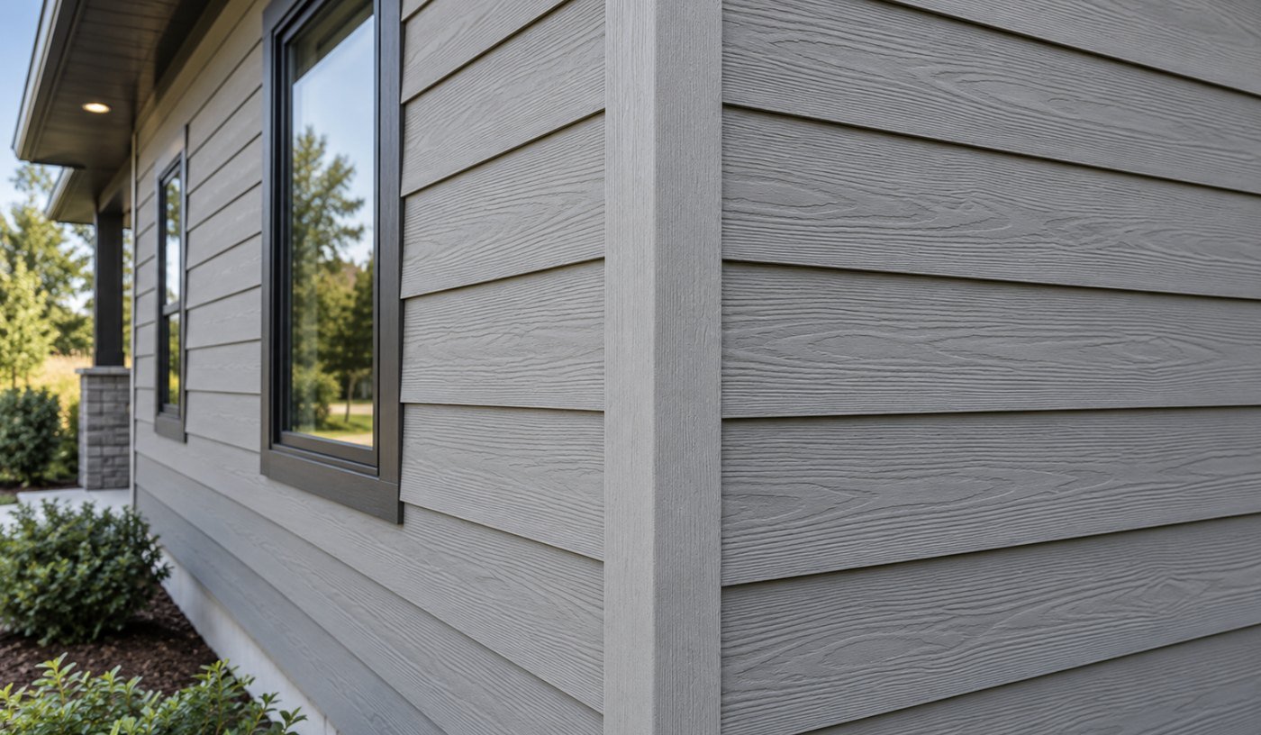 Wood-grain fibre cement lap siding planks on a house elevation